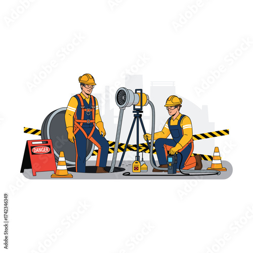 Construction workers performing confined space entry with ventilation equipment and safety cones