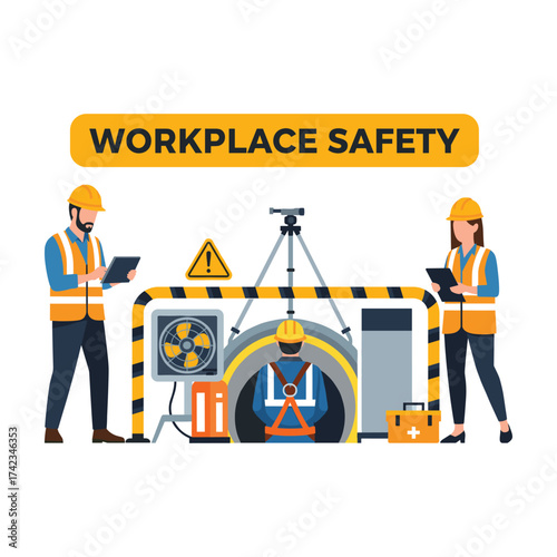 Workplace safety inspection with workers and safety equipment