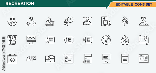 Recreation modern icon set. Contains such symbols as adventure, camping, hobby, fishing, cooking and more. Activity vector icon set. Icons for application. Editable vector stroke.