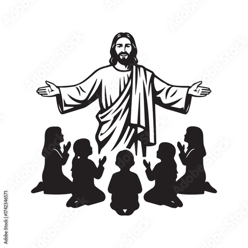 Jesus Christ Blessing a Group of Children, Christian Religious Silhouette. Savior with Kids, Sunday School Vector Graphic.
