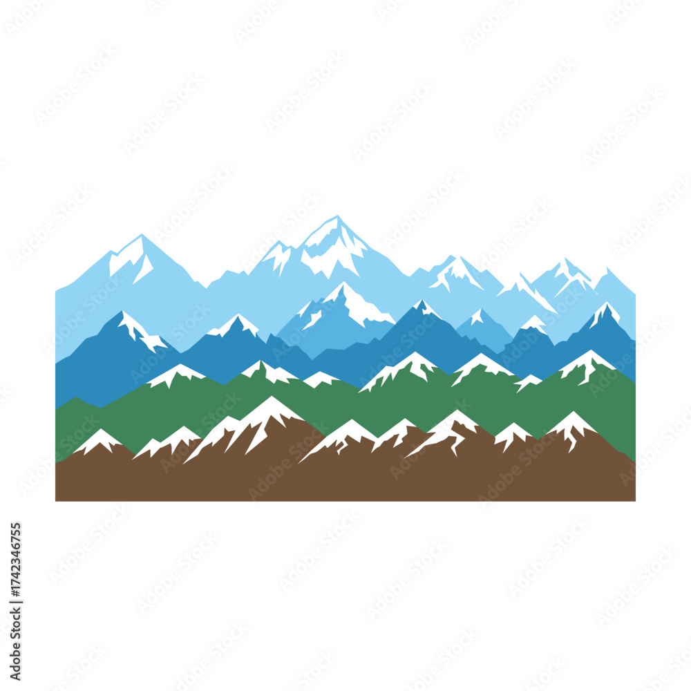 Fototapeta premium Stylized mountain range landscape with snow-capped peaks and green hills