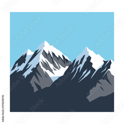 Majestic snow-capped mountain range under a clear blue sky, vector illustration