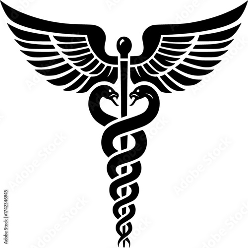 The Caduceus medical symbol with a snake and wings is a common icon for health, medicine, or pharmacy vector illustration on a white background