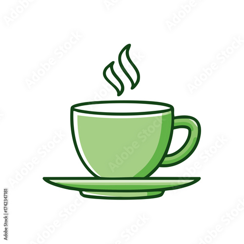 Steaming Green Cup on Saucer: Hot Beverage Icon for Cafe or Tea Room