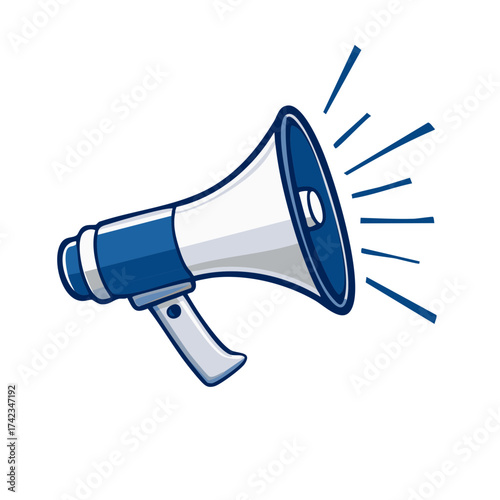 Blue and white cartoon megaphone illustration with sound waves, isolated element.
