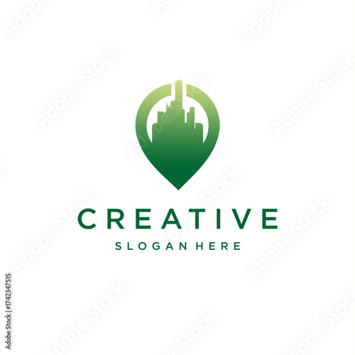 City map pin point vector logo. Modern skyline vector logo icon geolocation city map pin point, isolated illustration. Pointer symbol with landmarks and building silhouettes.