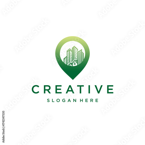 City map pin point vector logo. Modern skyline vector logo icon geolocation city map pin point, isolated illustration. Pointer symbol with landmarks and building silhouettes.