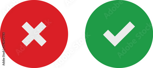 green check mark and red cross icons inside solid circles representing correct and incorrect options, approval and rejection symbols, decision and validation concept illustration