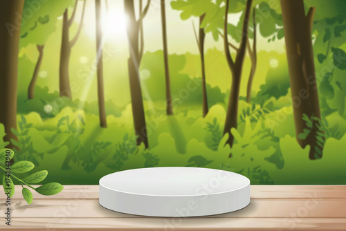 White podium on a wooden surface in a forest scene with sunlight and foliage