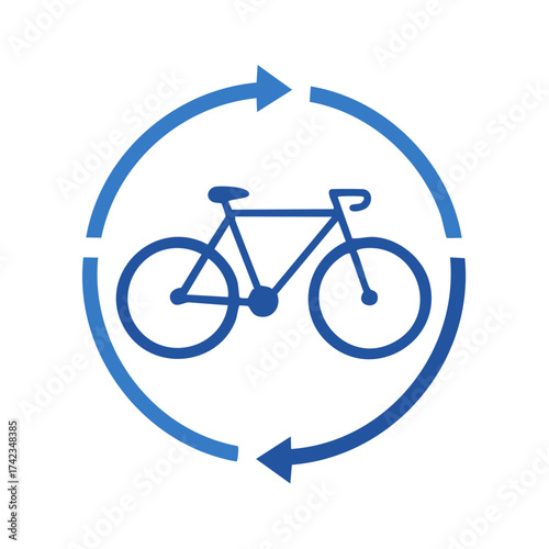Blue bicycle with arrows. Cycling symbol. Eco friendly transport, bike share, vector graphic illustration
