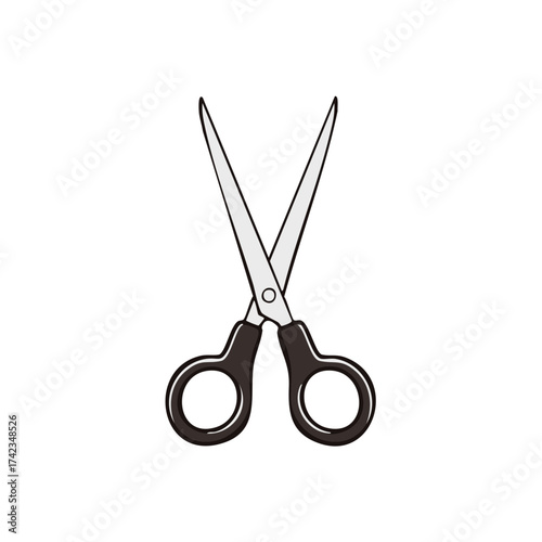 Illustration of scissors with black handles and open blades, a tool used for cutting and trimming paper, fabric, and hair.
