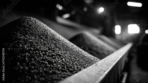 Granular activated carbon pile in dim industrial space with dramatic lighting and textured surface creating moody contrast