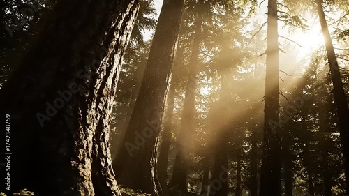 Sunlight Rays Piercing Through a Lush Pine Forest on a Misty Morning