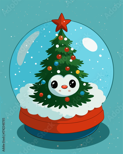 Cute Penguin Christmas Tree Snow Globe Illustration for Winter Holiday Design