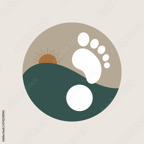 Boho Earth Tone Footprint and Sun Icon for Natural Walking or Podiatry, Circular Vector Symbol of Wellness, Nature, and Podiatry in Minimalist Style