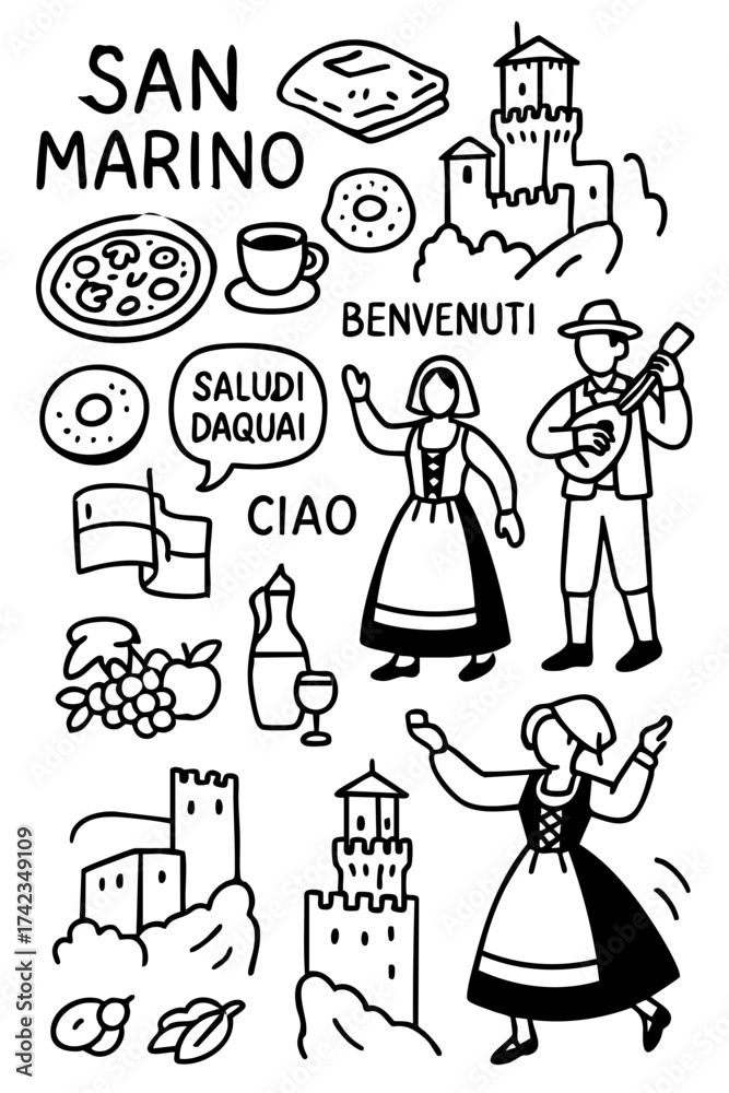 Obraz premium San Marino European Culture Doodle Set