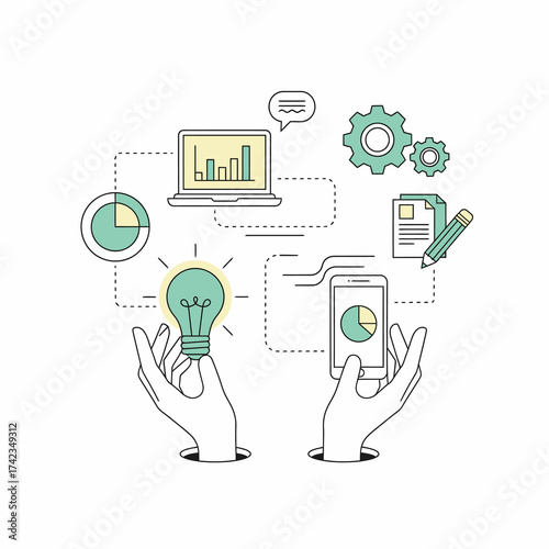 Creative hands presenting innovative business ideas with data analysis and tech integration, sparking inspiration and driving growth in a dynamic digital landscape