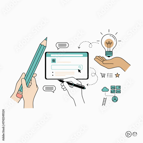 Brainstorming new ideas and managing tasks with digital tools, visualizing success and growth with creativity and efficiency in a modern workflow
