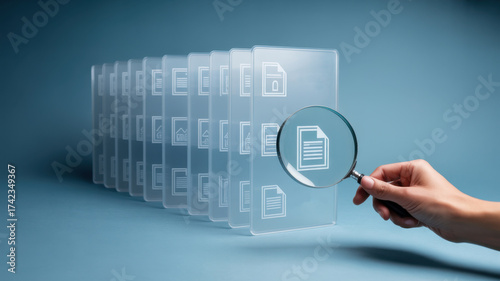 Searching and finding information in digital files with a magnifying glass over document icons on a blue background