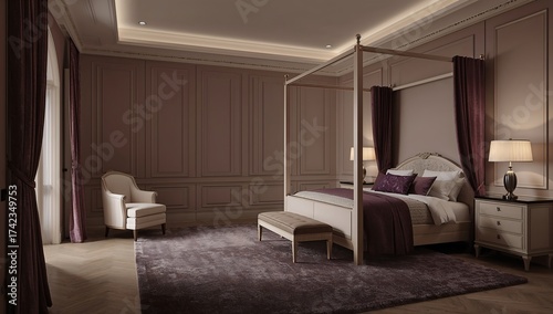 Classic bedroom interior. 3D render. Vintage style. Evening lighting. 3D rendering of a classic bedroom with a large wooden bed with wood paneling