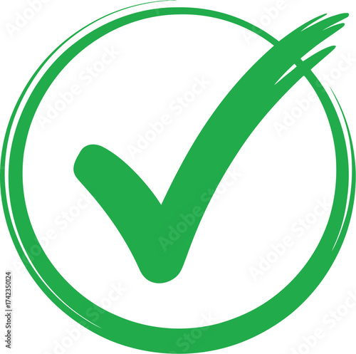 Green check mark symbol inside a circular outline representing approval, success, validation, confirmation, correctness, agreement, or positive decision concept in modern minimal design