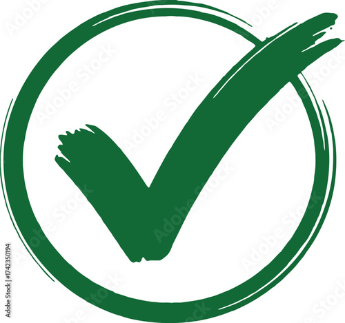 Green check mark symbol inside a circular outline representing approval, success, validation, confirmation, correctness, agreement, or positive decision concept in modern minimal design