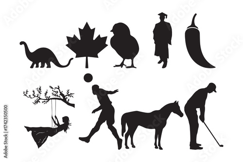 Sports, Nature, and Animal Silhouettes Vector Icons