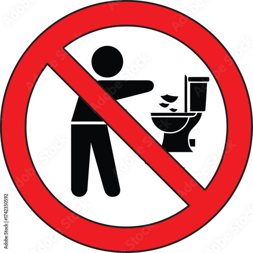 No Garbage in Toilet Bowl: Bathroom Prohibition Vector Symbol
