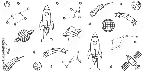 Space star vector kid universe background. Hand drawn doodle sketch style space cute galaxy background. Hand drawn kid galaxy universe pattern. Planet, rocket, star element. Vector illustration