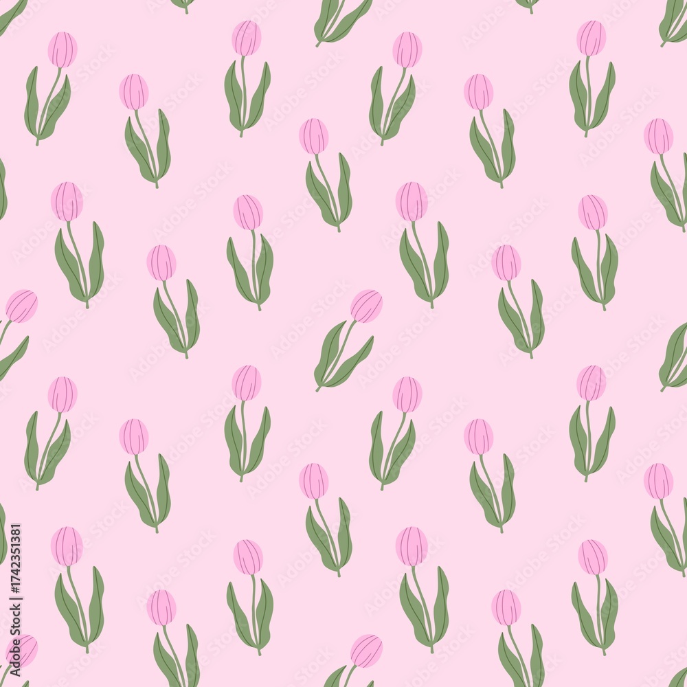 Obraz premium Pink tulip seamless pattern on pale pink background. Lovely floral design perfect for Women’s Day, Mother’s Day, spring decor, gift wrapping, and elegant greeting cards.