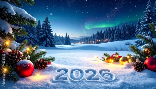 un paisaje natural nevado con el número '2026' escrito en la nieve. La escena está iluminada por una suave luz de luna y pequeñas luces navideñas cálidas (amarillas y doradas) decorando ramas de pino 