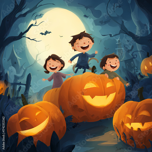 Cheerful Kids Riding Giant Carved Pumpkins Beneath Eerie Halloween Full Moon