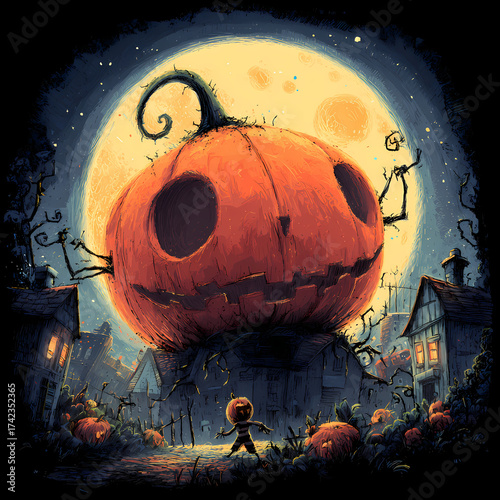 Colossal Jack-o'-Lantern Hovering Above Spooky Dark Halloween Village Street