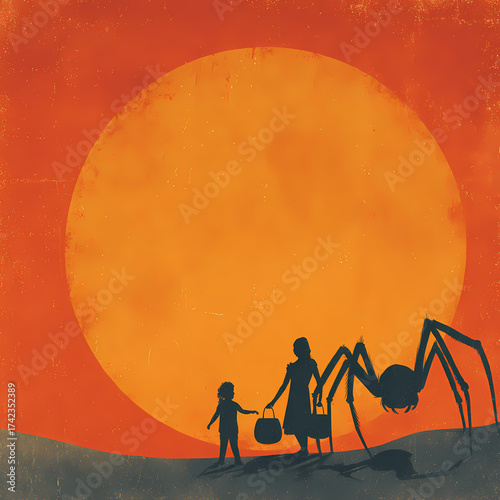 Vintage Silhouette of Giant Spider, Mother, and Child Against Glowing Orange Moon
