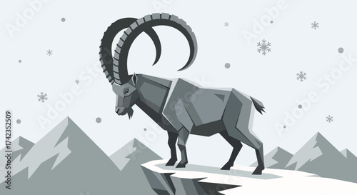 Alpine ibex standing on snowy cliff face in grayscale drawing. Majestic alpine ibex, with its curved horns, surveys snowy peaks.