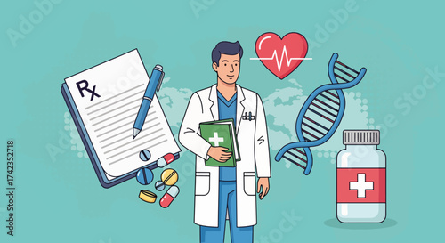 Male doctor illustration with healthcare icons, a conceptual representation of medical expertise in healthcare sector. 