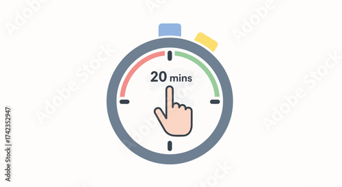20 minutes beauty routine represented by simple timer icon with hand indicates routine. Flat design represents 20 minutes beauty routine for busy people who want simple solutions.