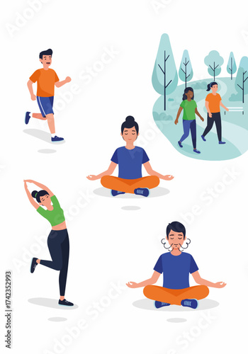 Wellness activities showing diverse cartoon characters in various poses. Wellness activities are vital for health and fitness, including exercises and relaxation outdoors.