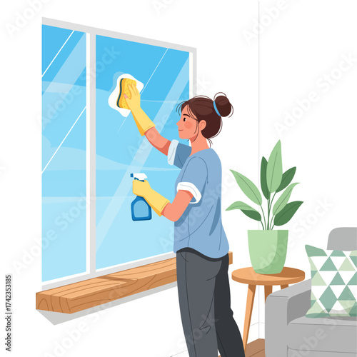 A young woman washes a window with a cloth, illustrating household chores, home cleaning, and domestic work.
