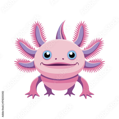 Cartoon Pink Axolotl with Feathery Gills