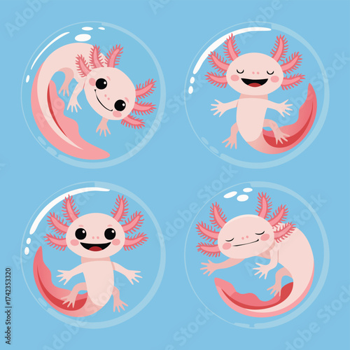 Adorable Axolotl Collection Cute Cartoon Salamanders in Bubbles