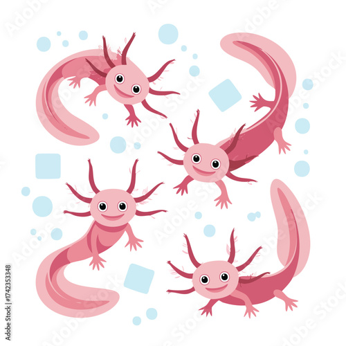 Delightful Cartoon Axolotls Swimming Happily in a Playful Composition