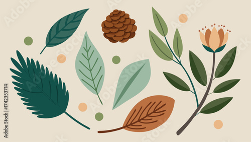 Natural Leaves and Pinecone Illustration in Modern Botanical Style