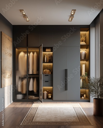 Elegant closet with reeded glass doors and integrated display shelving. Stylish design.