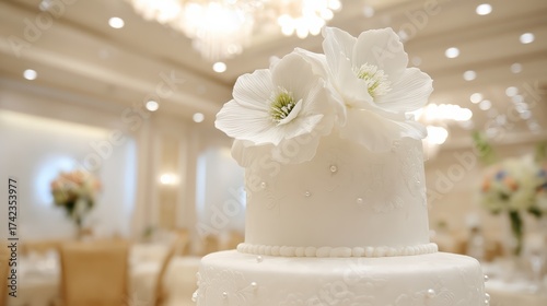 Elegant white wedding cake with floral accents in luxurious setting