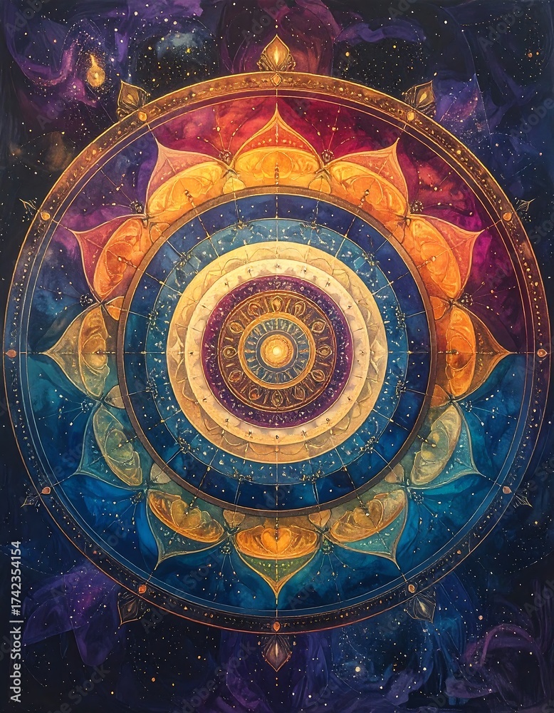 Naklejka premium Intricate circular design with concentric circles and celestial colors