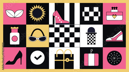 Modern Fashion Collage with Accessories and Checkerboard Design