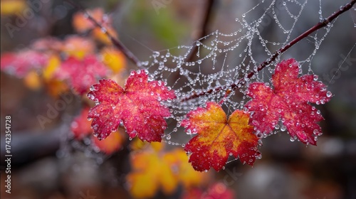 Autumn leaves with dew drops and spider webs captured in nature
