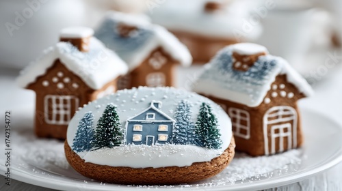 Gingerbread cookies decorated as winter houses with snow and trees