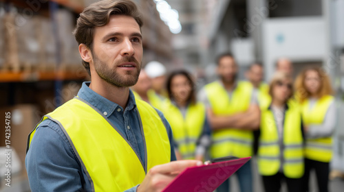 A warehouse manager conducts safety briefing with team of ten workers at start of shift pointing to safety poster while employees in high vis vests listen attentively warehouse